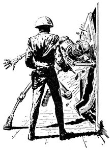 RK-999 durchbricht rücksichtslos eine Tür PR 45 – Illustration 5 Zeichner: Johnny Bruck © Heinrich Bauer Verlag KG