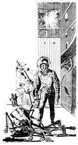 Perry Rhodan und ein zerstörter Roboter PR 17 – Illustration 4 Zeichner: Johnny Bruck © Heinrich Bauer Verlag KG